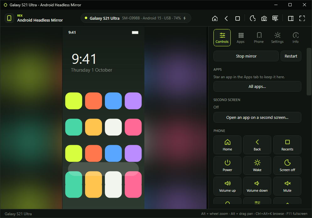 The Controls tab beside the phone: the mirror, apps, second screen and the phone grid.