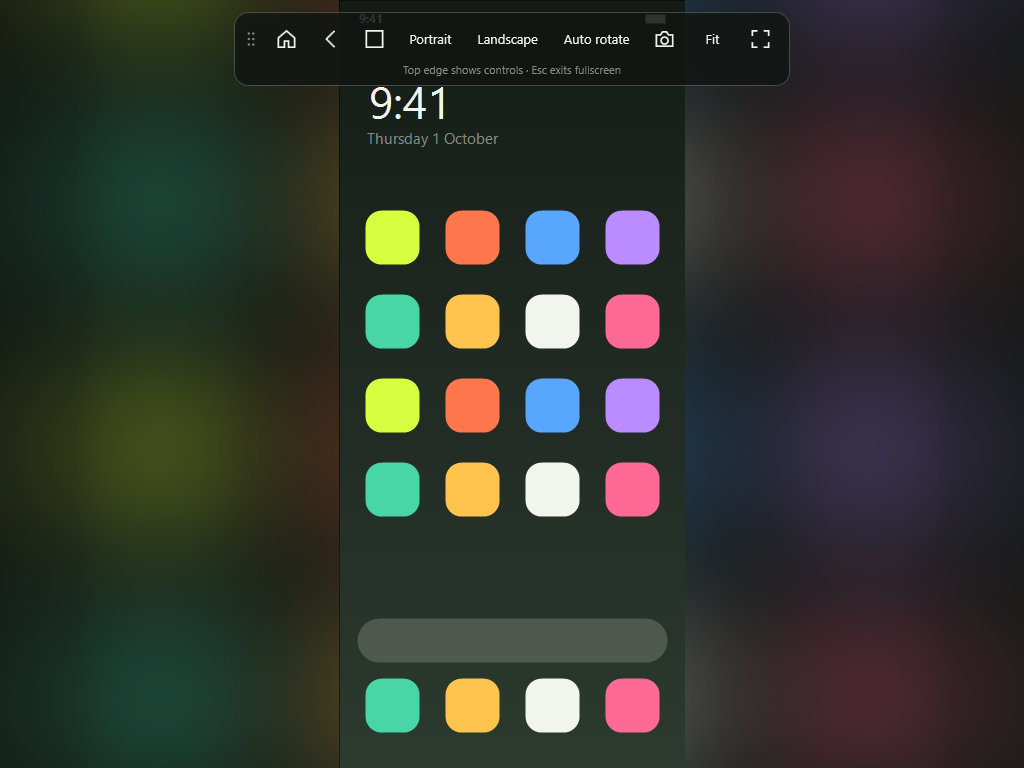 The phone in fullscreen, with the floating controls along the top.